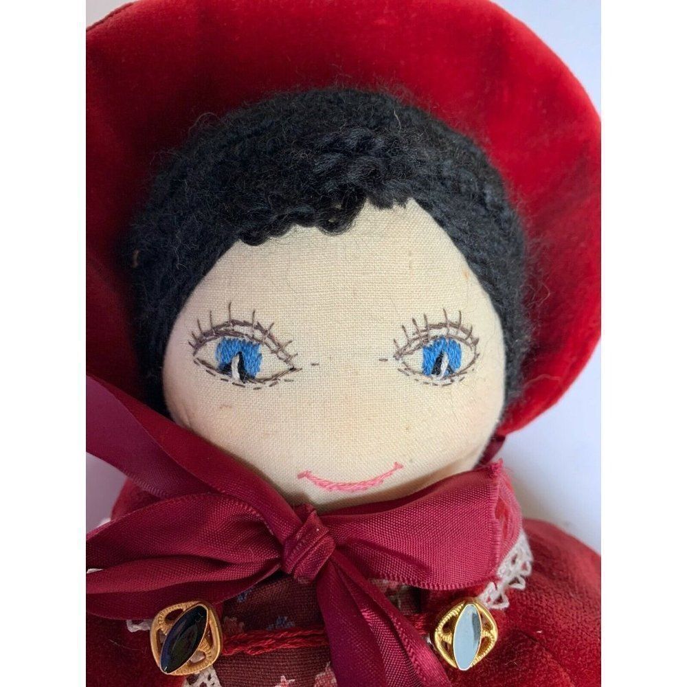 Hand Made Vintage Soft Body Rag Doll 17” Fabric Victorian Petticoat Velvet Red - Picture 3 of 12